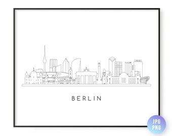 May include: Black framed print featuring a minimalist line drawing of the Berlin skyline. The artwork includes iconic landmarks such as the Brandenburg Gate and the TV Tower. The word "BERLIN" is printed in a clean, sans-serif font below the skyline.