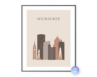 May include: A framed art print featuring a minimalist illustration of the Milwaukee skyline. The artwork showcases various buildings in shades of brown, beige, and gray against a neutral background. The word "MILWAUKEE" is printed at the top.