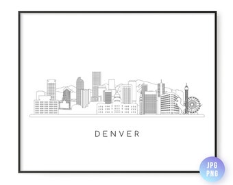 Denver Skyline Print. Denver CO City Skyline line art. Instant Download. Printable wall art. Digital Download. Downloadable art. jpg, png