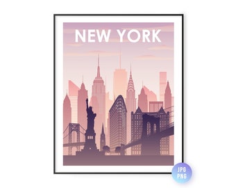 New York City Skyline Print. Sunset New York Skyline Poster. Digital City Print. Downloadable art. Instant Download. jpg, png