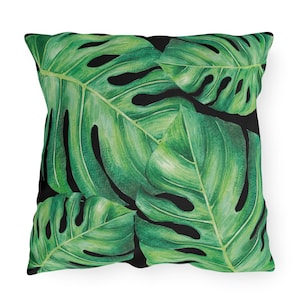 Palm leaves - Black Outdoor Pillow