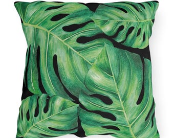 Palm leaves - Black Outdoor Pillow