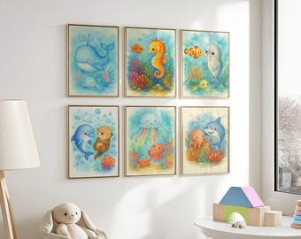 Ocean Buddies Nursery Wall Art Bundle – 6 Printable Sea Animal Illustrations | Watercolor Baby Room Decor | Digital Download