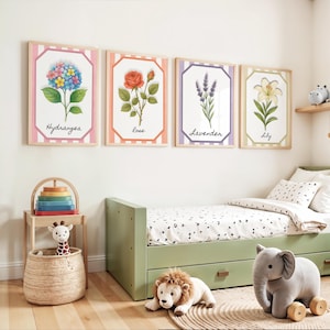 Conjunto de 6 láminas botánicas vintage, arte mural de galería con flores antiguas, conjunto de láminas de casas de campo francesas