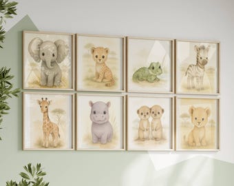 Stampe da parete per cameretta dei bambini in stile safari, stampe per cameretta dei bambini in stile boho, animali della giungla, colori della terra, arte per cameretta dei bambini, decorazioni per cameretta dei bambini con animali, stampe di animali, acquerello