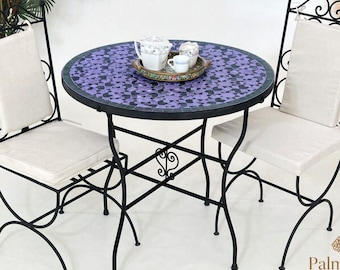 Mesa de centro redonda con mosaico zellige marroquí hecho a mano – Mesa de centro con azulejos morados y negros – Decoración bohemia