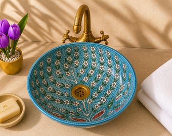 Moroccan Ceramic Sink Handmade Blue Floral Bathroom Vessel Sink Artisan Wash Basin Vanity Decor