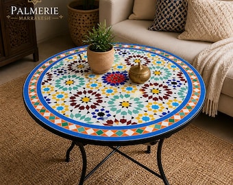Tavolino marocchino con mosaico Zellige, fatto a mano, con piastrelle rotonde, tavolino da caffè per esterni, patio, arredamento boho.