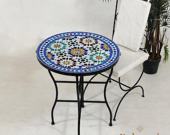 Handmade Moroccan Mosaic Table – Round Zellige Tile Bistro Table, Iron Base