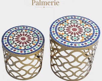 Handmade Moroccan Zellige Mosaic Side Table | Gold Metal Base Accent Table 50cm