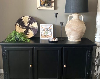 SOLD.                                                          Hand Painted Black Sideboard, Buffet, Credenza