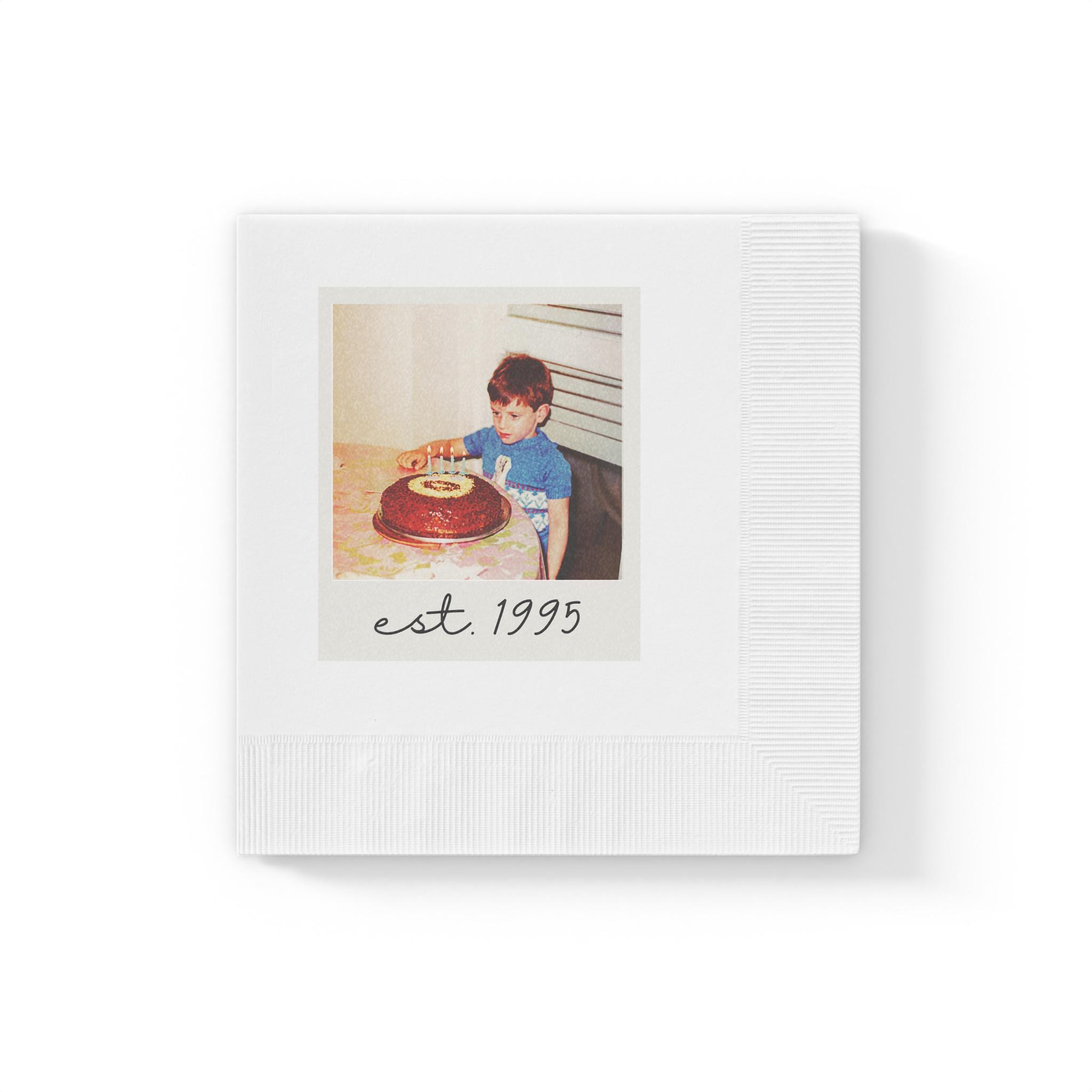 Birthday Polaroid Picture Frame Personalized Birth Year Napkins, White Coined Napkins