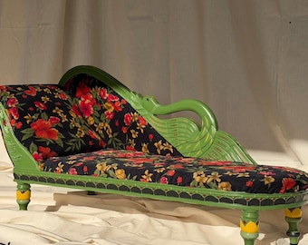 Vintage Maximalist Swan Motif Solid Wood Pet Chaise Lounge