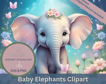 Lot de cliparts bébé éléphant | Téléchargement numérique SVG et PNG | Utilisation commerciale gratuite
