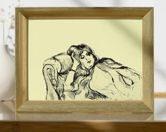 Art Print "Secret Thoughts": Woman Line Art Portrait, Butter Yellow Bedroom Decor (Digital Download)