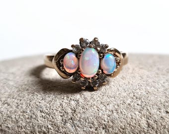 Vintage 9ct Gold Oval Opal Trilogy & CZ Cluster Ring, Size 6, UK Hallmark