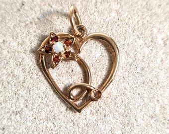 Vintage Opal & Garnet 9ct Gold Floral Heart Pendant, English Hallmark, Flawed