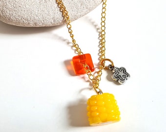 Kitsch Yellow Corn on the Cob Necklace, Bright Fun Jewellery Gifts for Her, Quirky Accessories, Gold Chain, Plastic Sweetcorn, Orange Square