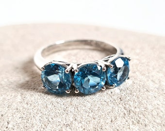 Vintage Blue Topaz Silver 925 Trilogy Ring, Size R 1/2, November Birthstone, 4th Anniversary Gift, Engagement Ring, Blue Three Stone Ring UK