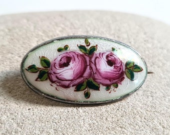 Antique Edwardian Guilloche Enamel Rose Brooch: Sterling Silver Floral Pin