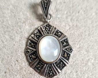 Vintage Art Deco Style Mother of Pearl & Marcasite Sterling Silver Pendant: Oval Sunburst Jewellery