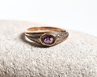 Vintage 9ct Gold Purple Amethyst & Diamond Ring, Size L 1/2, Weight 1.8g, UK Hallmark, 9k Yellow Gold, February Birthstone, Engagement Rings