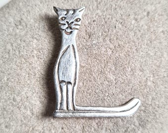 Vintage Sterling Silver L-Shaped Cat Brooch: Kitty Lapel Pin, Retro Cat Lover Jewellery
