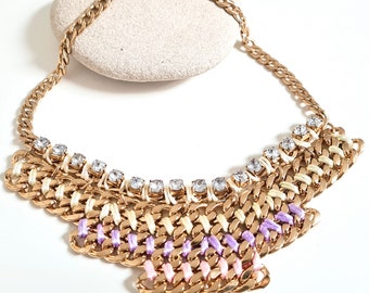 Vintage Gold Tone Bib Choker Necklace: Sparkling Rhinestones & Pastel Ribbon Costume Jewellery, Statement Accessories
