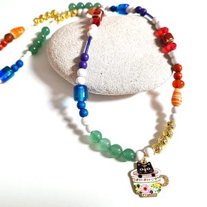 One-of-a-Kind Black Cat in a Teacup Pendant Beaded Necklace: Handmade Whimsical Colourful Rainbow Kitty Jewellery