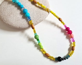 One-of-a-Kind Bright Multicoloured Mixed Beaded Necklace, Fun Gift for Women, Handmade Mismatched Jewellery, Colourful Accessories, Yellow