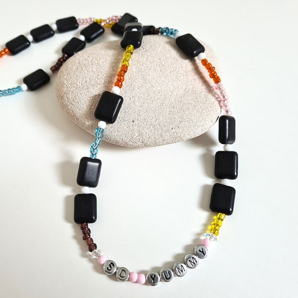 One-of-a-Kind Liquorice Allsorts "So Yummy" Long Necklace, Handmade English Sweets Candy Jewellery, Black Stone, Colourful Accessories Gift