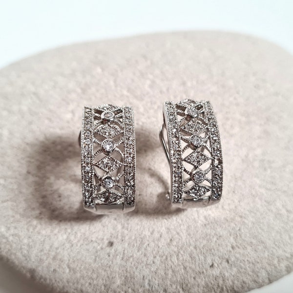 Vintage Estate Sterling Silver Cubic Zirconia CZ Latch Back Hoop Earrings, Glitzy 925 Silver Jewellery, Sparkling Earrings, Missing Stones