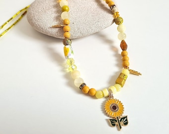 One-of-a-Kind Happy Yellow Sunflower Necklace, Handmade Gift Her, Enamel Pendant Jewellery, Bright Floral Accessories, Stone, Ceramic, Glass