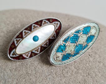 Antique Edwardian Sterling Silver Enamel Brooch: MOP & Guilloche Jewellery