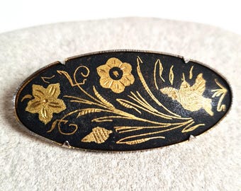 Vintage Mid-Century Bird & Floral Oval Damascene Brooch: 1940s 1950s Black Gold Pin, Spanish Jewellery