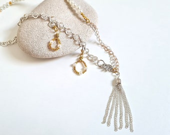 One-of-a-Kind Tassel & Leaf Pendant Chain and Bead Necklace, Handmade Asymmetric Silver Gold Jewellery, Faux Pearl Charms, Gift for Women UK