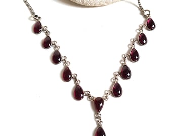 Vintage Garnet Pear Cabochon Sterling Silver Y Choker Necklace: January Birthstone Jewellery