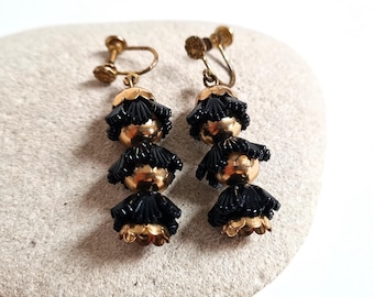 Vintage Art Deco Triple Fan Drop Earrings: Gold Tone & Black Jewellery, Unique Dangle Earrings