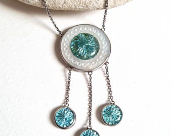 Antique Art Deco Blue Guilloche Enamel Drop Pendant Necklace: Mother of Pearl, 1920s Silver