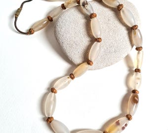 Vintage 1960's Translucent Moss Agate Oval Bead Necklace: Mid-century Boho Asian Chunky Gemstone Jewellery