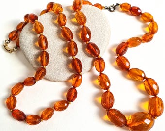 Vintage Art Deco Baltic Amber Necklace: Königsberg Faceted Olive Beads, Natural Amber, Hand-Knotted Silk