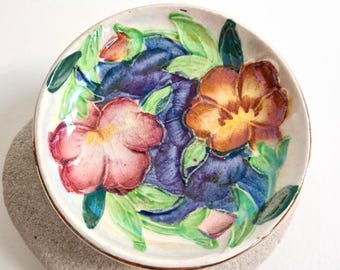 Vintage 1950s Maling Newcastle Pottery Trinket/Ring Dish: Floral "Godetia Blue", English Cottagecore Ceramics