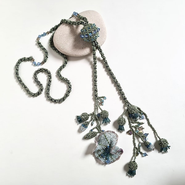 Fabulous Vintage Art Deco Green Flower & Thistle Seed Bead Sautoir Lariat Flapper Necklace, 1920's Tassels, Carnival Glass, Gatsby Jewellery