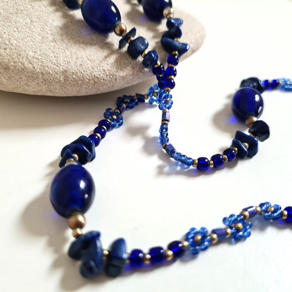Vintage Cobalt Blue Lapis Lazuli Daisy Chain Neck… - image 4