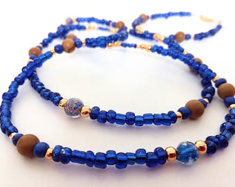 One-of-a-Kind Cobalt Blue Long Beaded Necklace, Gifts for Women, Versatile Handmade Jewellery, Jasper Gemstone, Glass, Lampwork, Gold Tone