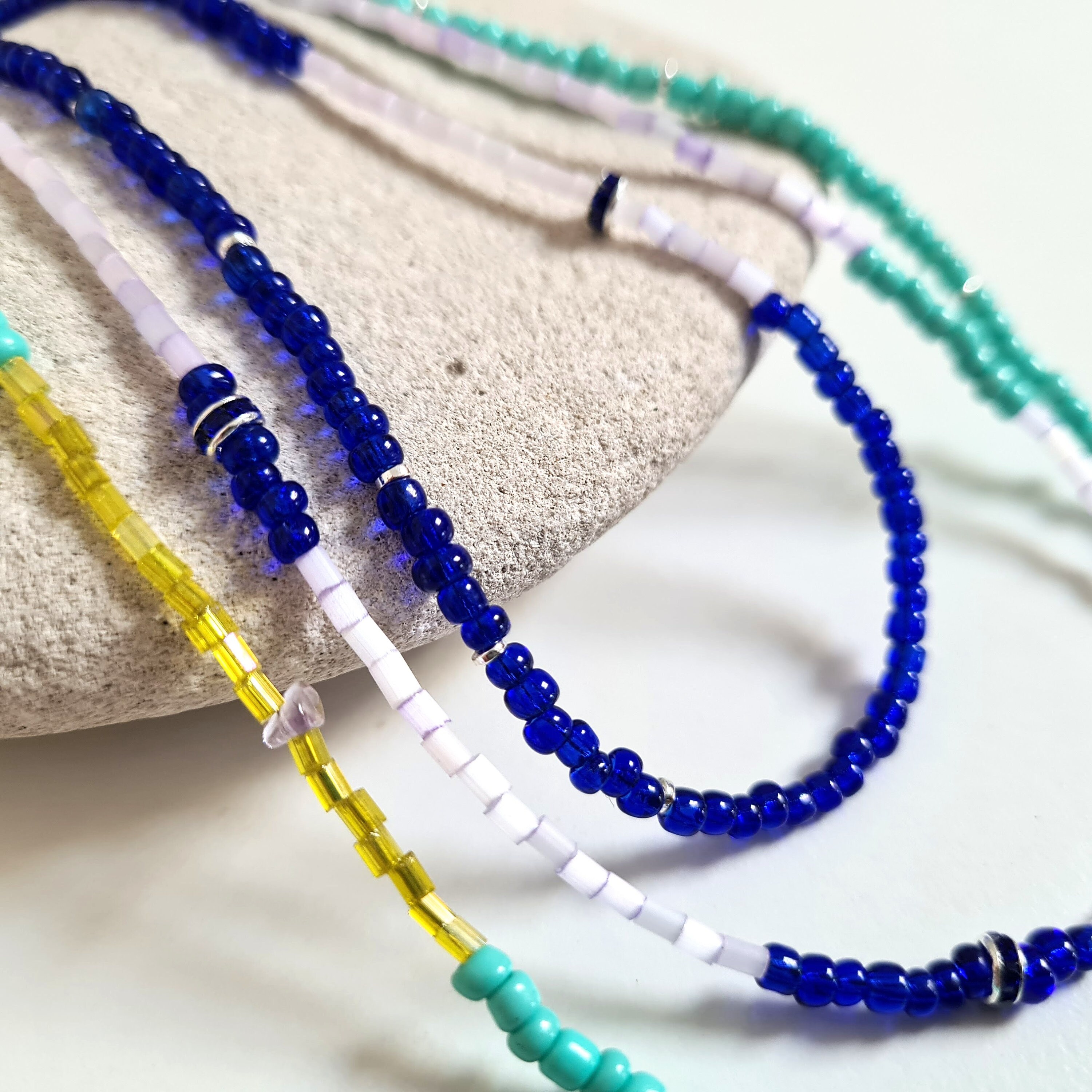 Blue Lilac Seed Bead Necklace: Handmade Asymmetrical Multistrand