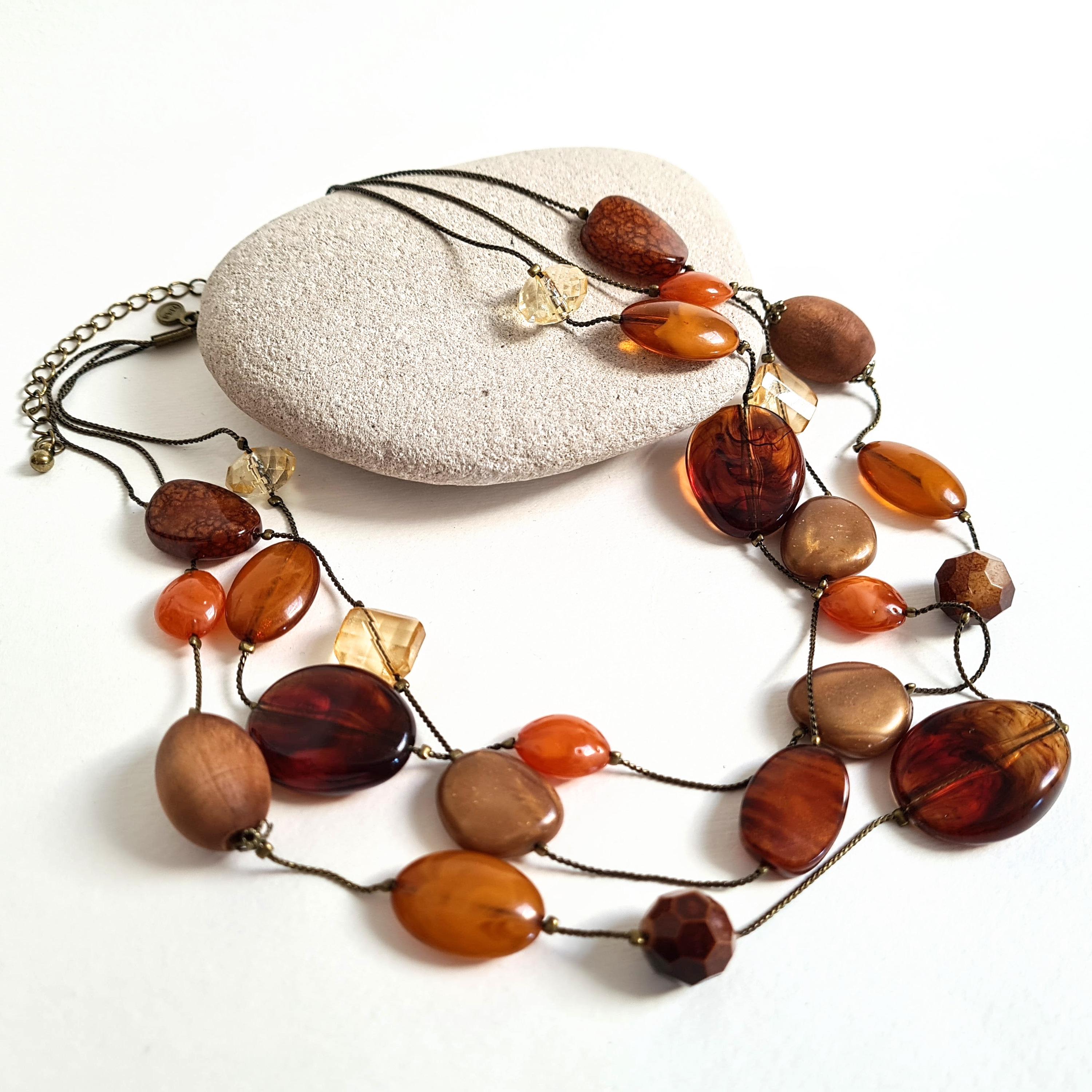 Vintage M&S Triple Strand Bead Necklace: Autumn Brown Orange Statement Jewellery