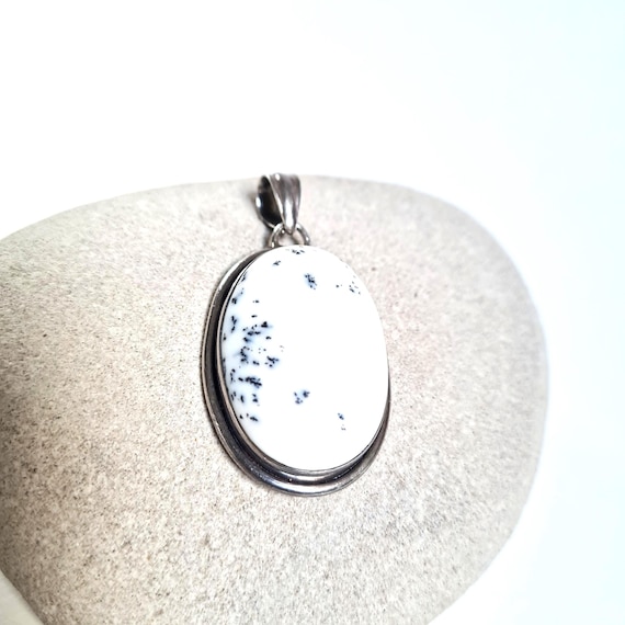 Vintage Dendritic Agate Solid Silver Oval Pendant… - image 1