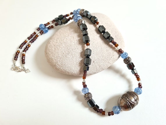 One of a kind Classy Bead Necklace Handmade Jewellery Gift Accessories Upcycled Antique Silver Tone Pendant Grey Blue Geometric Hematite Etsy