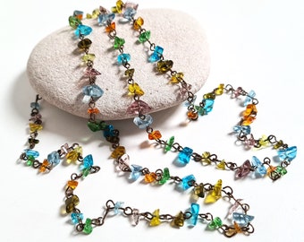 Vintage Harlequin Glass Chip Necklace: Long Multicoloured Bronze Link Chain
